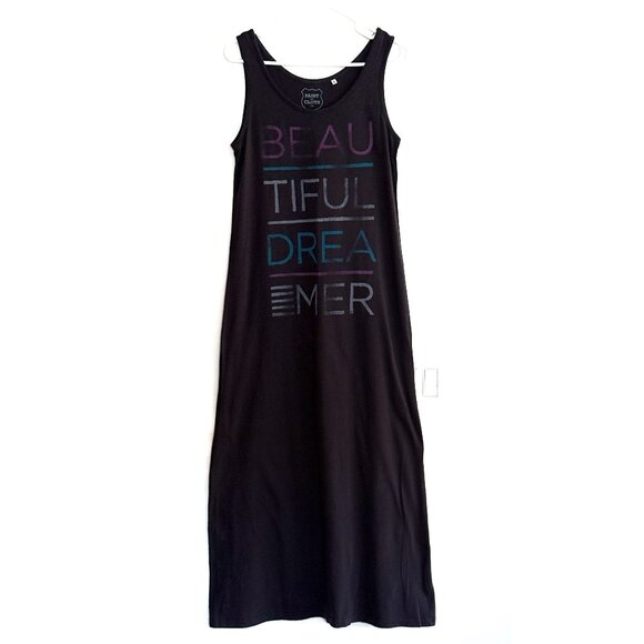 Uniqlo Dark Grey Maxi Moo Moo Dress with Colorful Text Med - Picture 1 of 3